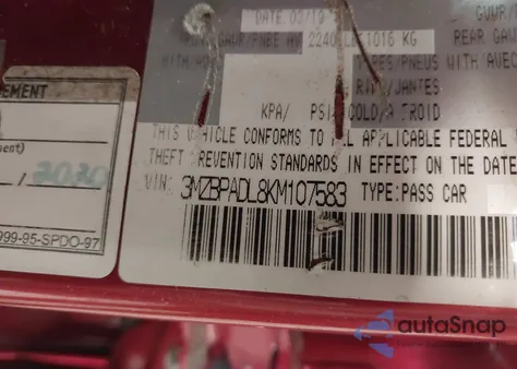 2019 Mazda Mazda3 Preferred Package from USA, damaged, VIN 3MZBPADL8KM107583